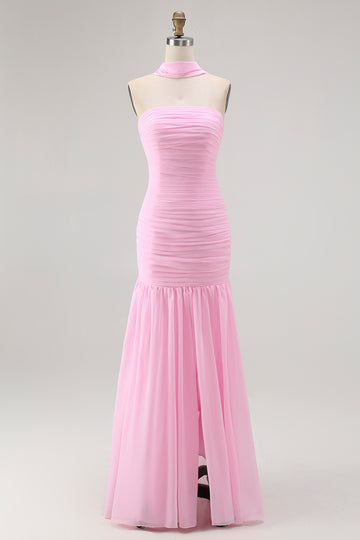 Blush Strapless Ruched Long Bridesmaid Dress with Slit